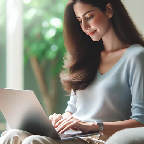 Caucasian woman using a laptop with mindfulness.